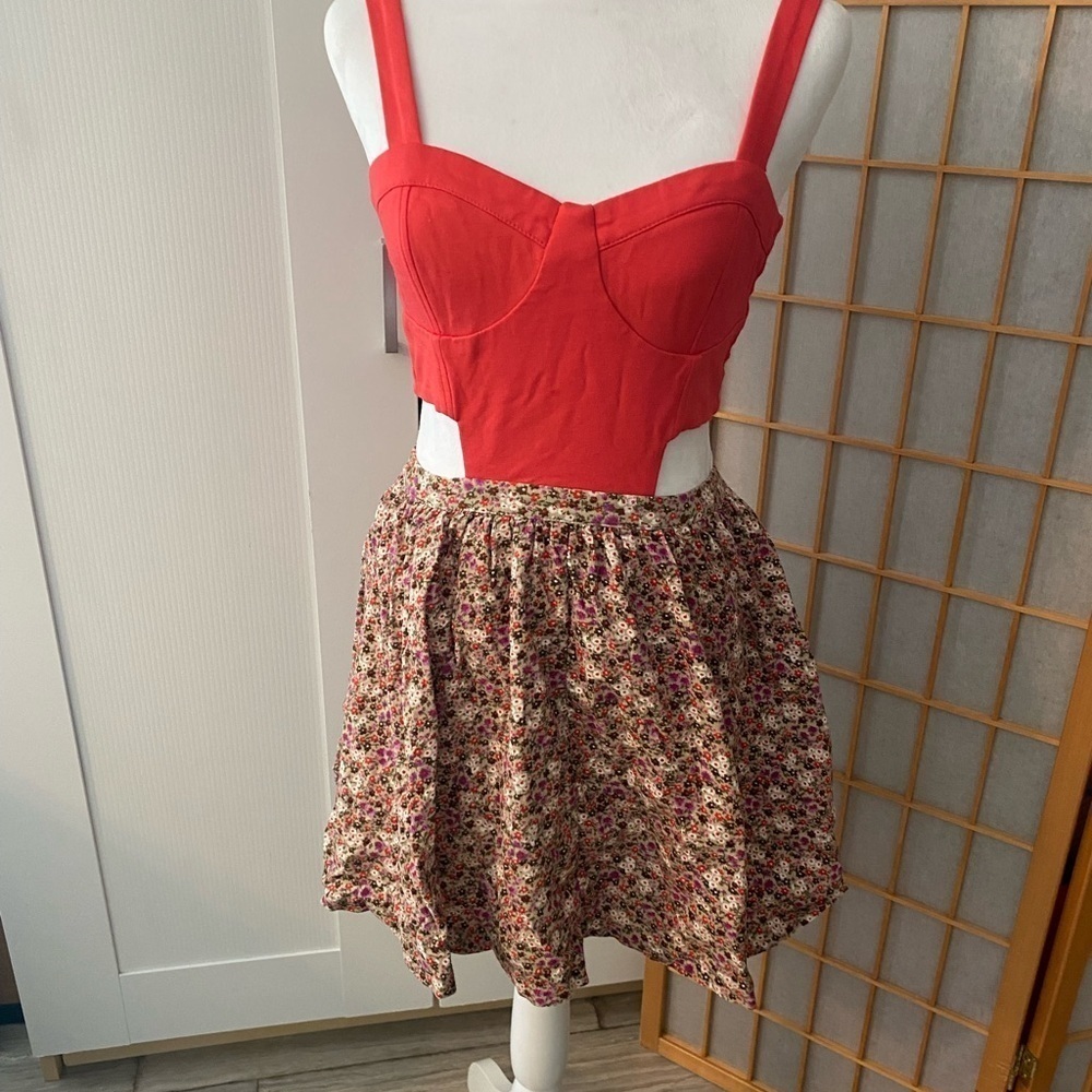 LUCCA COUTURE Monica CUTOUT MINI DRESS size Small-ORANGE FLORAL BOHO Corset - Picture 2 of 5